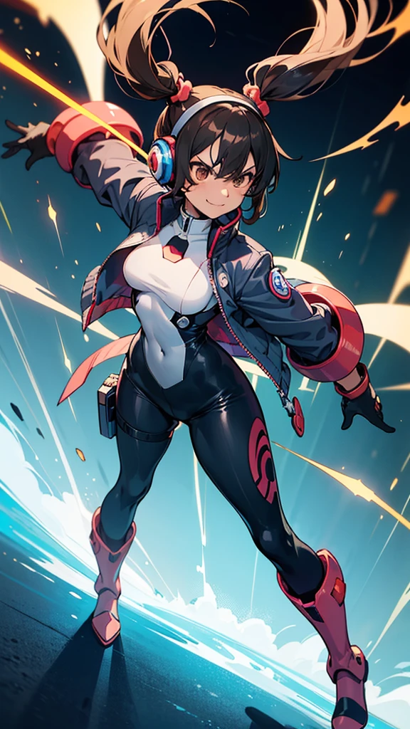 (Best quality, anime style, good anatomy)reploid, 1 girl, tanned skin, brown eyes, angry, smile, black hair, short twintails, spike scrunchies, headphones, black bodysuit with lateral red lines, grey jacket, black gloves, right arm red plasma cannon(Megaman), grey boots, cibernetic world background, colorful