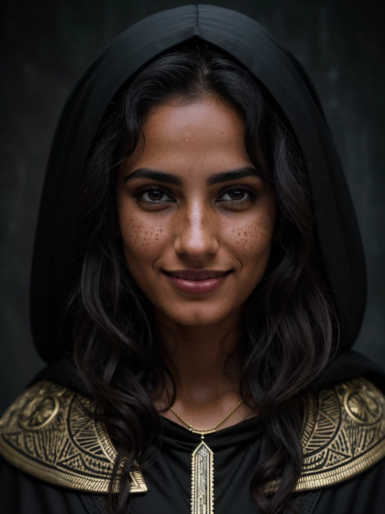 (editorial photograph of a 30 year old woman), (highly detailed face:1.4) (smile:0.7) (background inside dark, moody, private study:1.3) POV, by lee jeffries, nikon d850, film stock photograph ,4 kodak portra 400 ,camera f1.6 lens ,rich colors ,hyper realistic ,lifelike texture, dramatic lighting , cinestill 800, wavy hair, messy hair, egyptian girl, egyptian complexion, dark hair, black hair, night time, black eyes, brown skin, light brown skin, freckles, mischievous smile, absurdres, highres, masterpiece, arabian girl, arabian complexion, cloak made of night, dark cloak, cloak made with stars, jewels, necklace