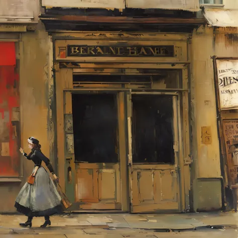 a woman walking past a storefront with a sign, by bernard buffet, by john bellany, inspired by bernard buffet, by george hendrik...