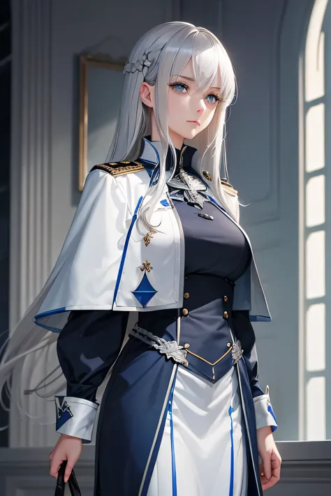 "a silver-haired, blue-eyed woman with a slender frame, wearing a knight training school uniform with elegant details, radiating...