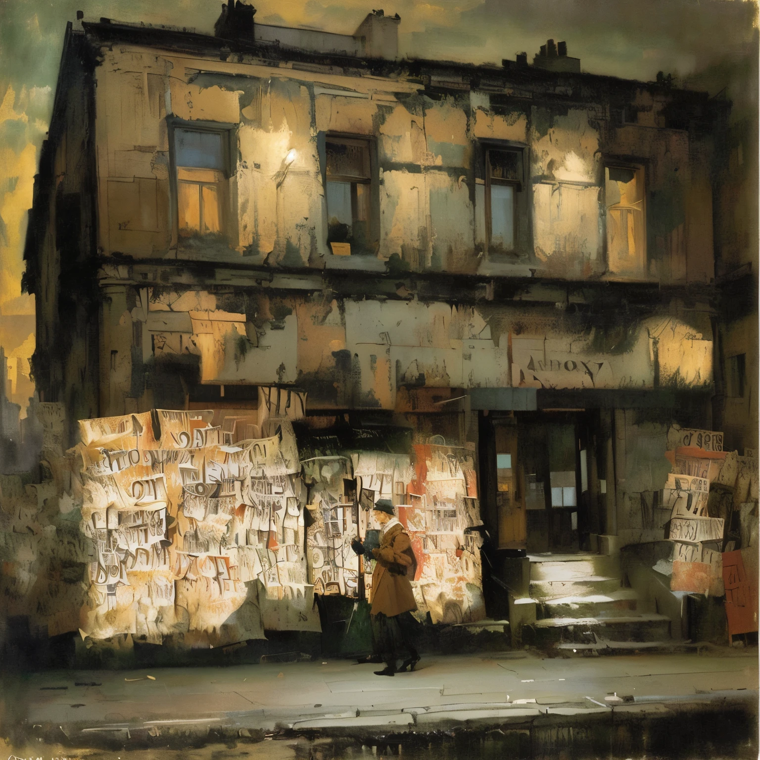 A picture of a building with many signs, By Walter Sickert, Leon Kossoff, by Sándor Bihari, William McTaggart, By Max Weber, By Rudolf Schlichter, On the street at night, Rudolf Koller, By Gerard Sekoto, Senior Artist, By Adolf Schroeder