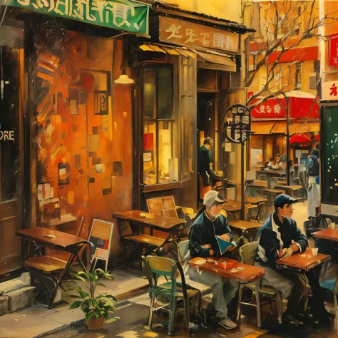 painting of a man sitting at a table outside a restaurant, drawing faithful to yuzo saeki&#39;s style、