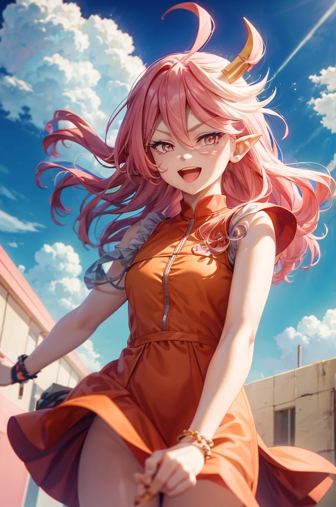 an anime image of a lady in an orange dress and pink hair, with a hat on her head, 1girl, solo, long hair, open mouth, bracelet, tail, smile, pink hair, jewelry, horns, dress, sky, day, pointy ears, looking at viewer, cloud, :d, pink eyes, sleeveless, outdoors