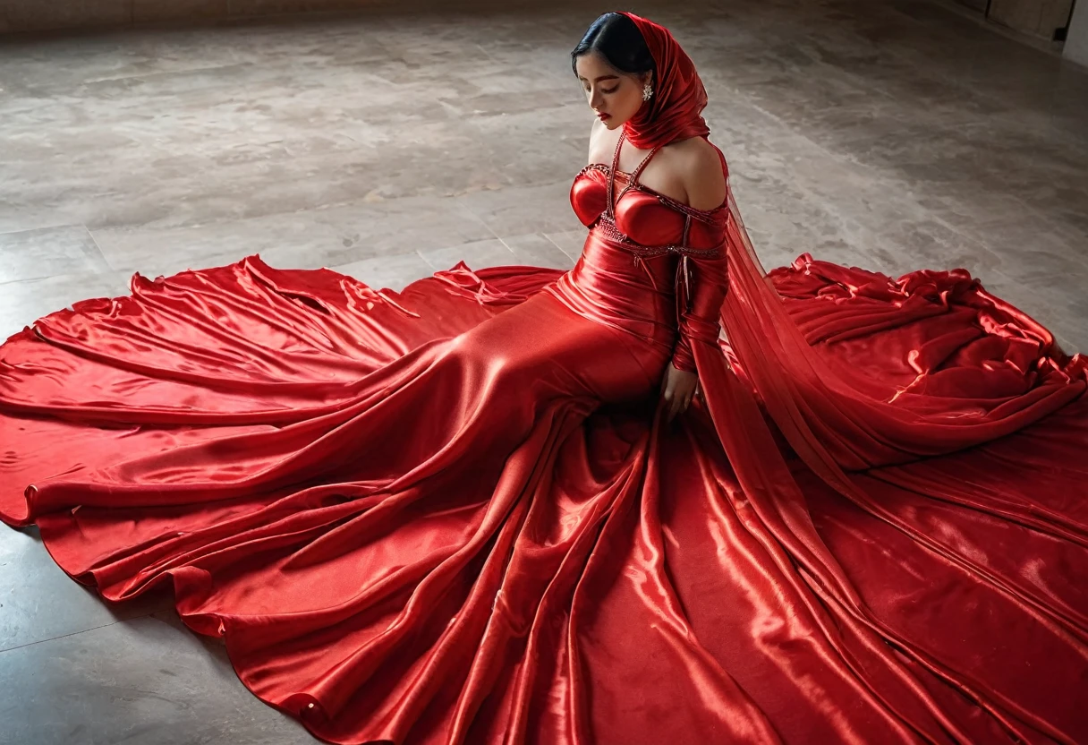 A woman shrouded in a 10-meter-long, plush red semi transparent satin shimmer cloth, slim body with big breast, tightly bound and grandly draping along the form of her body, flowing off into a pooled floor-length train, styled in a mermaid-inspired outfit, her head modestly veiled in a satin shimmer modern hijab, tall and beautifull woman with glamour make up, pose in windy outdoor, a full-body pose conveying a sense of mysterious elegance, captured in a 4k resolution, ultra-realistic