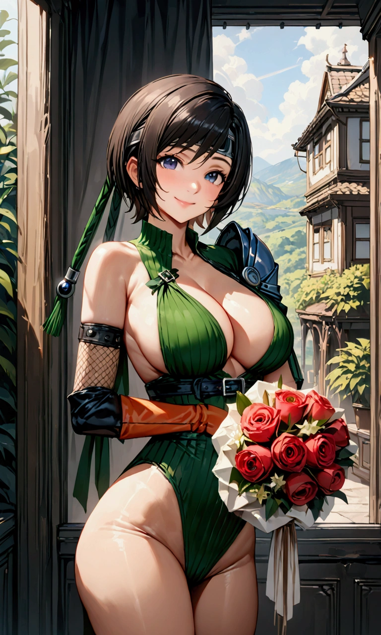 ((yuffie kisaragi,highest quality, High resolution, perfect pixel, written boundary depth, 4K))),((highest quality))、((super Realistic)),4K, 8k,uhd,16K,32K,masterpiece, one woman, beautiful, Improve, Compensate, Big Breasts, Cleavage、((Highest quality、masterpiece:1.3)), Upper Body、Long legs、Sharp focus:1.2, Beautiful woman with perfect figure:1.4、Big Breasts, (Smiling:1.2), double eyelid、30-year-old female、Sexy pose、Blue eyes,(((Close mouth:1.2)))、One Woman,Shortcuts、Black Hair、((Silver band on forehead:1.2)),bouquet,holding a bouquet