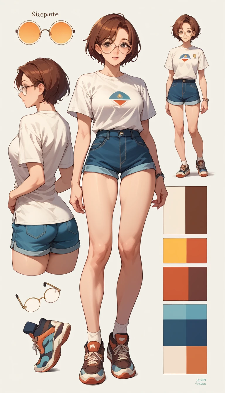 ((masterpiece)),(((best quality))),((character design sheet)), ((full body view)) illustration, short hair, cute, round glasses, shorts, tight shirt