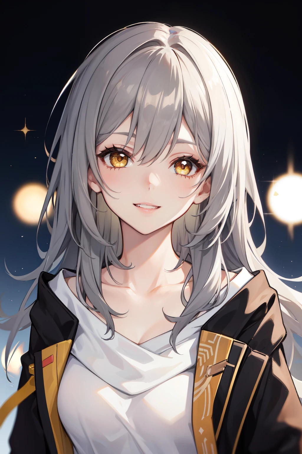 stelle hsr, 1girl,solo, upper body, yellow eyes, gray hair, looking at viewer, smile, happy , parted lips, white shirt, black jacket, collarbone,