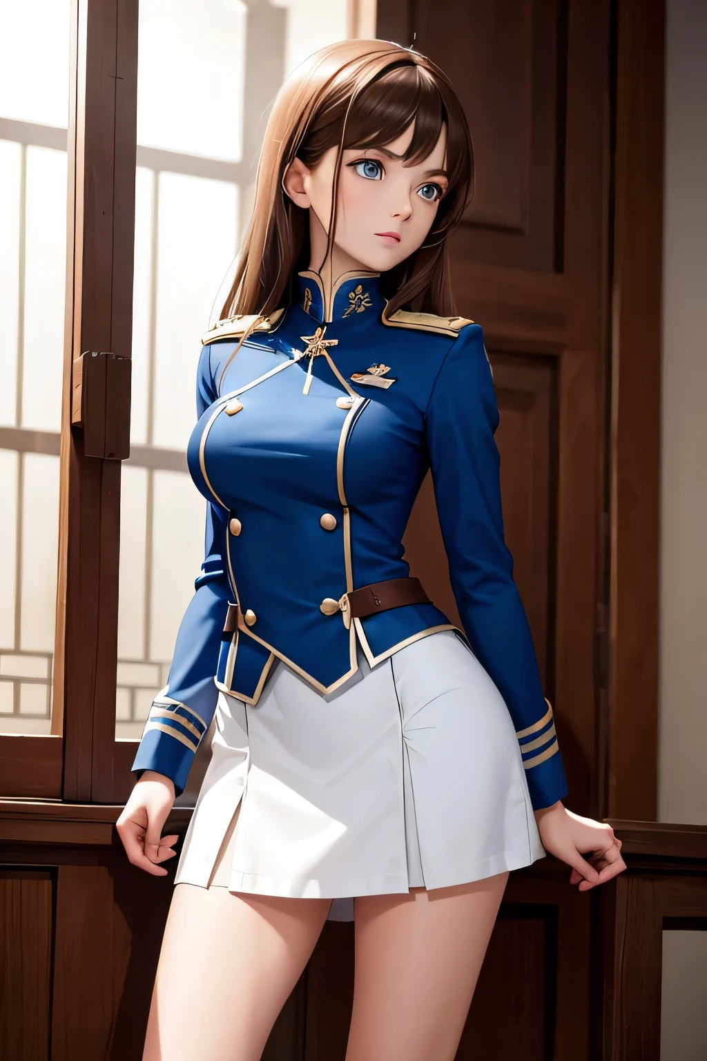 A slim woman with brown hair and blue eyes, dressed in a knight training school uniform, careful and deep-thinking."