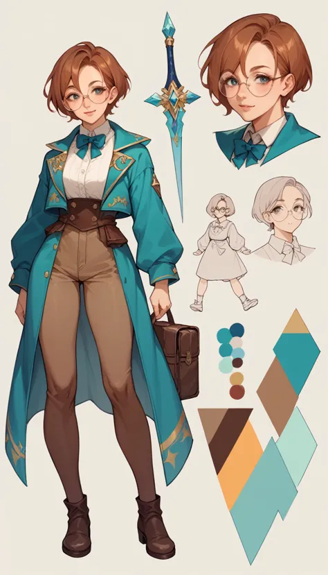 ((masterpiece)),(((best quality))),((character design sheet)), ((full body view)) illustration, short hair, cute, round glasses,...