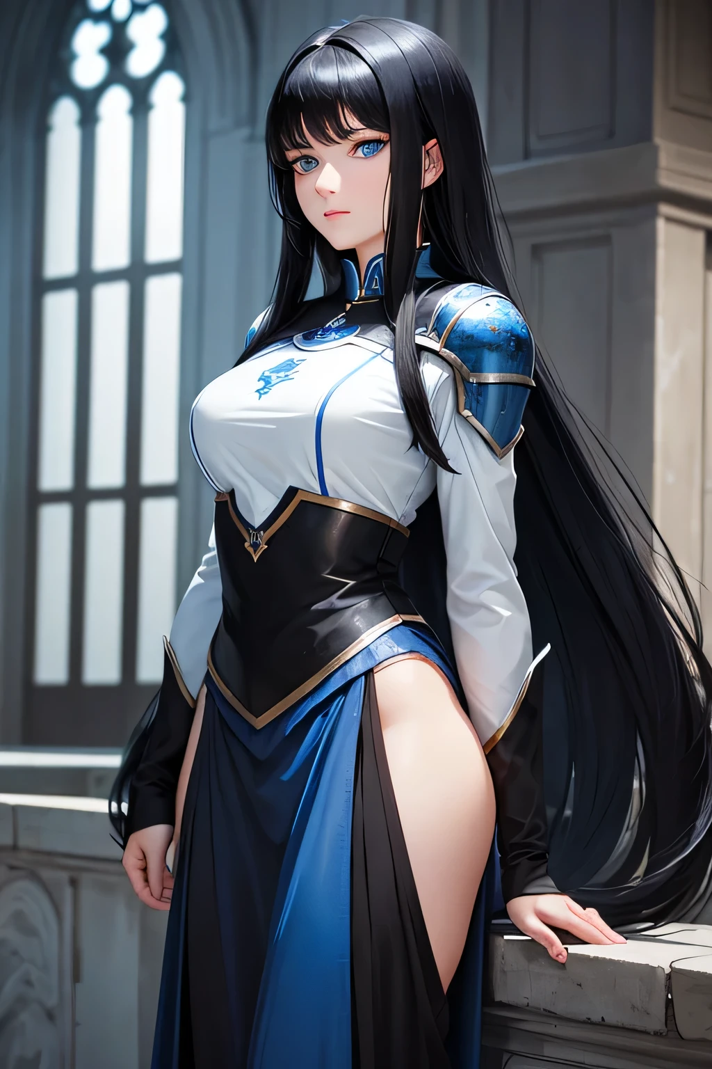 A quiet woman with black hair and blue eyes, wearing a knight training uniform with subtle magical accents, mysterious and introspective."