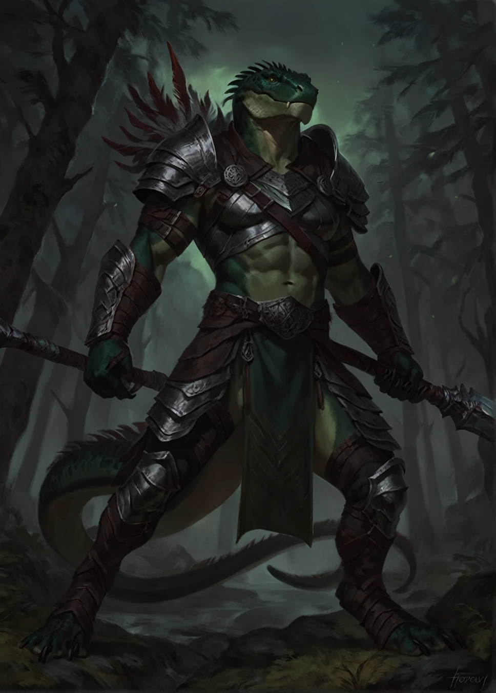 dark green lizardfolk, solo, warrior, plantigrade, by oouna, by laobai, by taran fiddler, by honovy, armor, druid fighter, warlock, detailed tail, masculine body shape, roman, tall, muscular, forest background, night