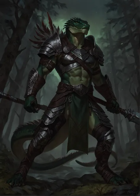 dark green lizardfolk, solo, warrior, plantigrade, by oouna, by laobai, by taran fiddler, by honovy, armor, druid fighter, warlo...