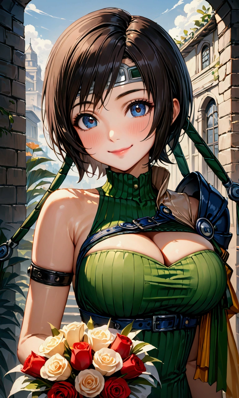 ((yuffie kisaragi,highest quality, High resolution, perfect pixel, written boundary depth, 4K))),((highest quality))、((super Realistic)),4K, 8k,uhd,16K,32K,masterpiece, one woman, beautiful, Improve, Compensate, Big Breasts, Cleavage、((Highest quality、masterpiece:1.3)), Upper Body、Sharp focus:1.2, Beautiful woman with perfect figure:1.4、Big Breasts, (Smiling:1.2), double eyelid、30-year-old female、Blue eyes,(((Close mouth:1.2)))、One Woman,Shortcuts、Black Hair、((Silver band on forehead:1.2)),bouquet,holding a bouquet