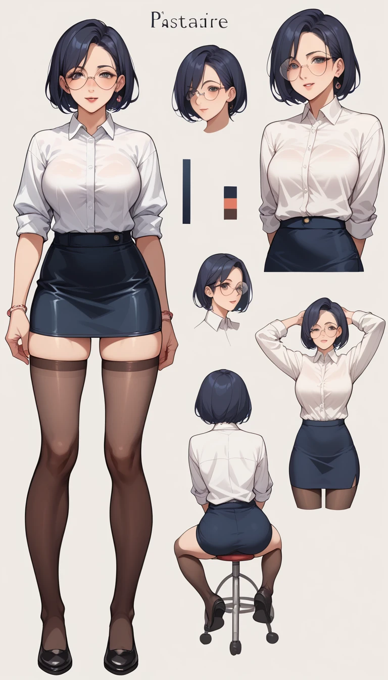 ((masterpiece)),(((best quality))),((character design sheet)), ((full body view)) illustration, Catalogue of sex slaves,1girl, short hair, round glasses, short skirt, tight shirt