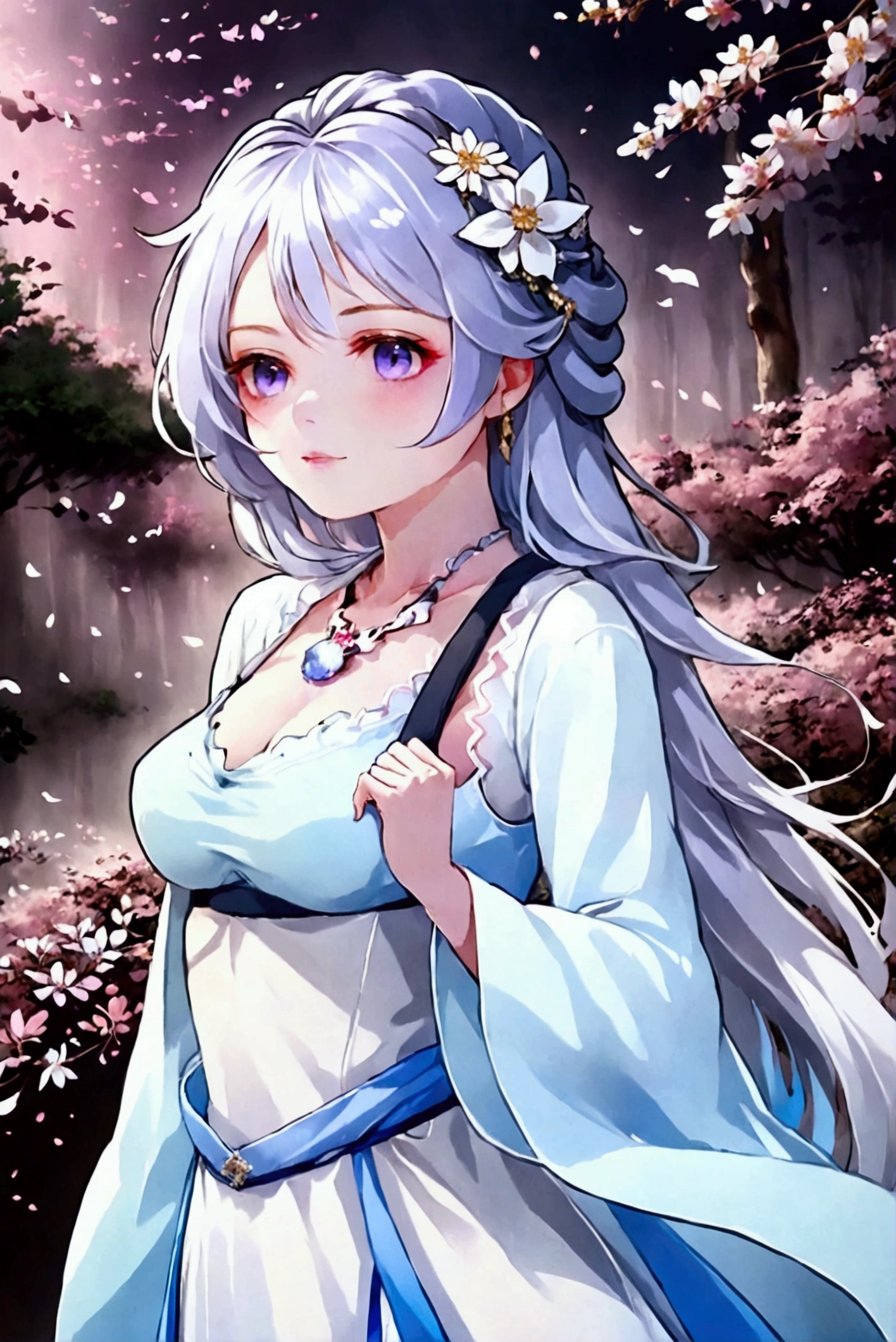 A beautiful anime girl with long, flowing white hair, wearing a white dress and a flower in her hair. She is standing in a forest with pink blossoms falling around her. The background is a soft blur of pink and purple, creating a dreamy atmosphere. The girl's eyes are a bright blue, and she has a gentle expression on her face. She