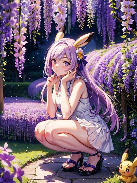 Wisteria flower, Many many shining wisteria flowers, A lot of shining wisteria flowers in an arch shape, Enchanting Locations, Wisterias and Illumination in Ashikaga Flower Park, World of Wisteria Plants, A stuffed Pikachu doll is Leave on the floor, ((masterpiece)), (Photorealistic), (High resolution, Best Quality, Super detailed), Highly detailed CG, (Highly detailed flower:1.2), No humans 