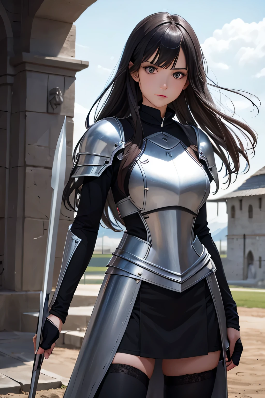 "A dark-haired, gray-eyed woman in a knight training uniform, with a serious and reserved expression, holding a practice spear."woman