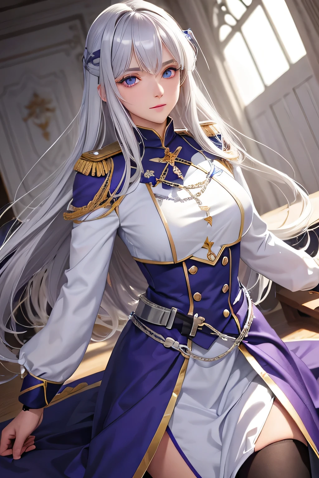 A silver-haired, violet-eyed woman in a knight training school uniform, with a delicate frame, radiating divine energy."woman