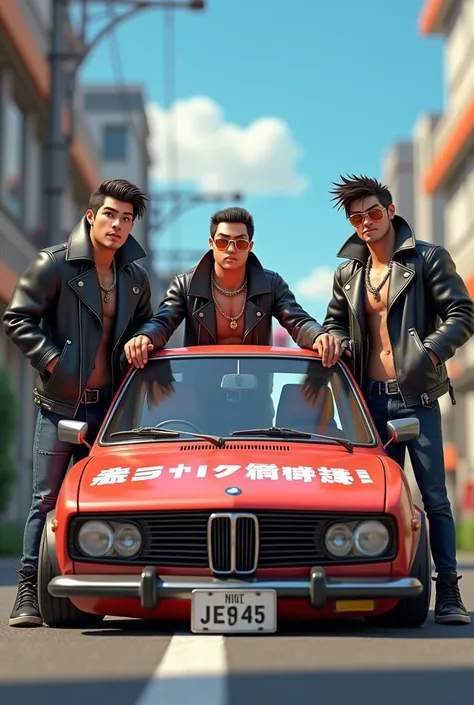 Japanese biker gang, bad biker gang posing coolly next to an old large sedan that has been modified to have an extremely low ride height, the body of the sedan has the words "Low car height is a sign of low intelligence" written on it, comedy scene, funny, 3D animation style, colorful colors, comical drawing, enjoy the sarcasm