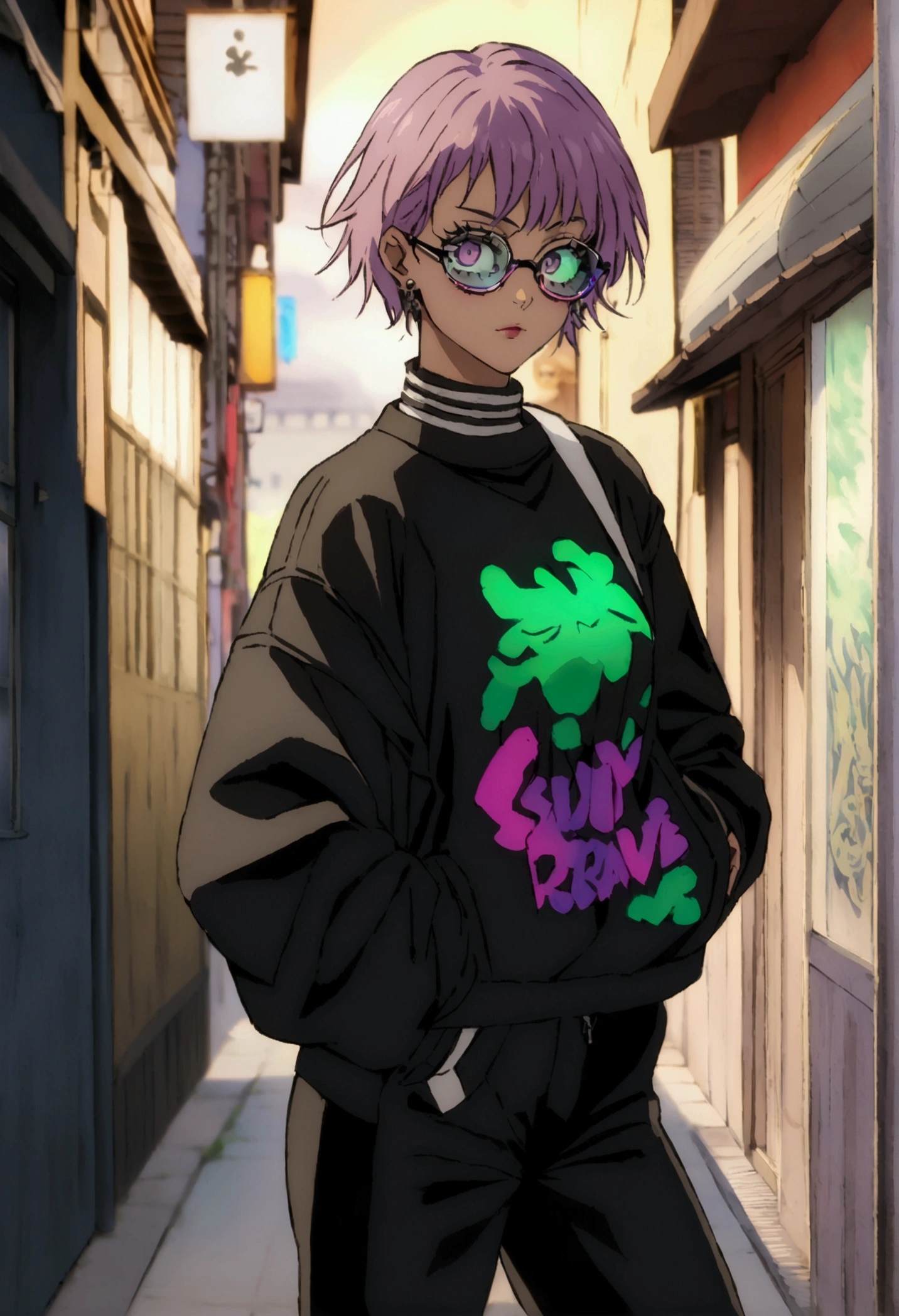   girl from a modern shonen anime, Unique bizarre  design, cool streetwear graffiti skatee rapper vibes modern outfit, deep sea Brawl style,  girl, jujutsu kaisen style 