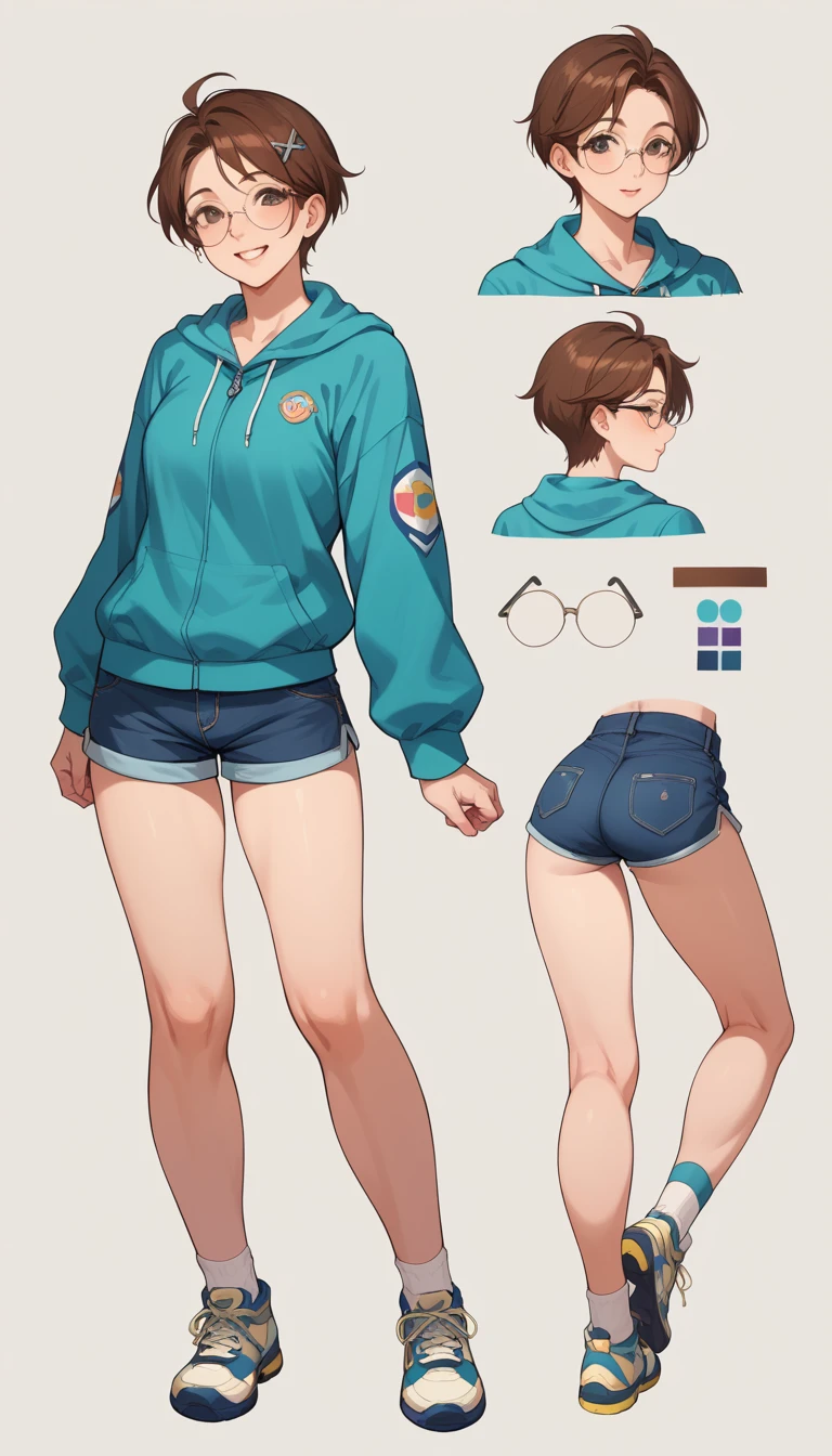 ((masterpiece)),(((best quality))),((character design sheet)), ((full body view)) illustration, Catalogue of sex slaves,1girl,short hair, round glasses,shorts,cute energetic pose, 