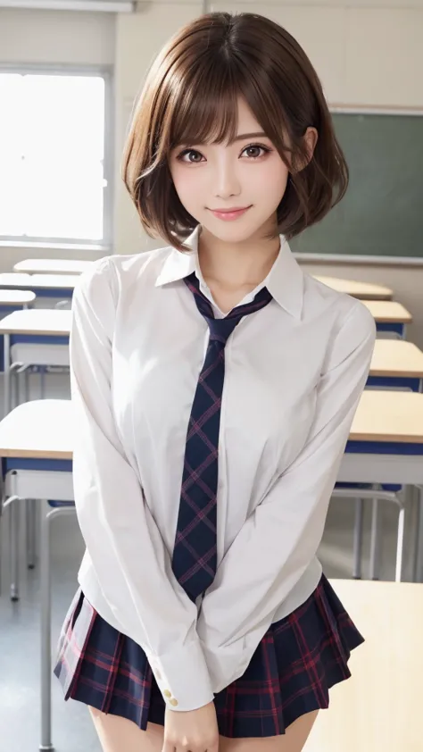 ((high school classroom:1.2)),schoolgirl uniform,blazer, super short,plaid,blue micro mini skirt,very cute face,glossy lips,beau...