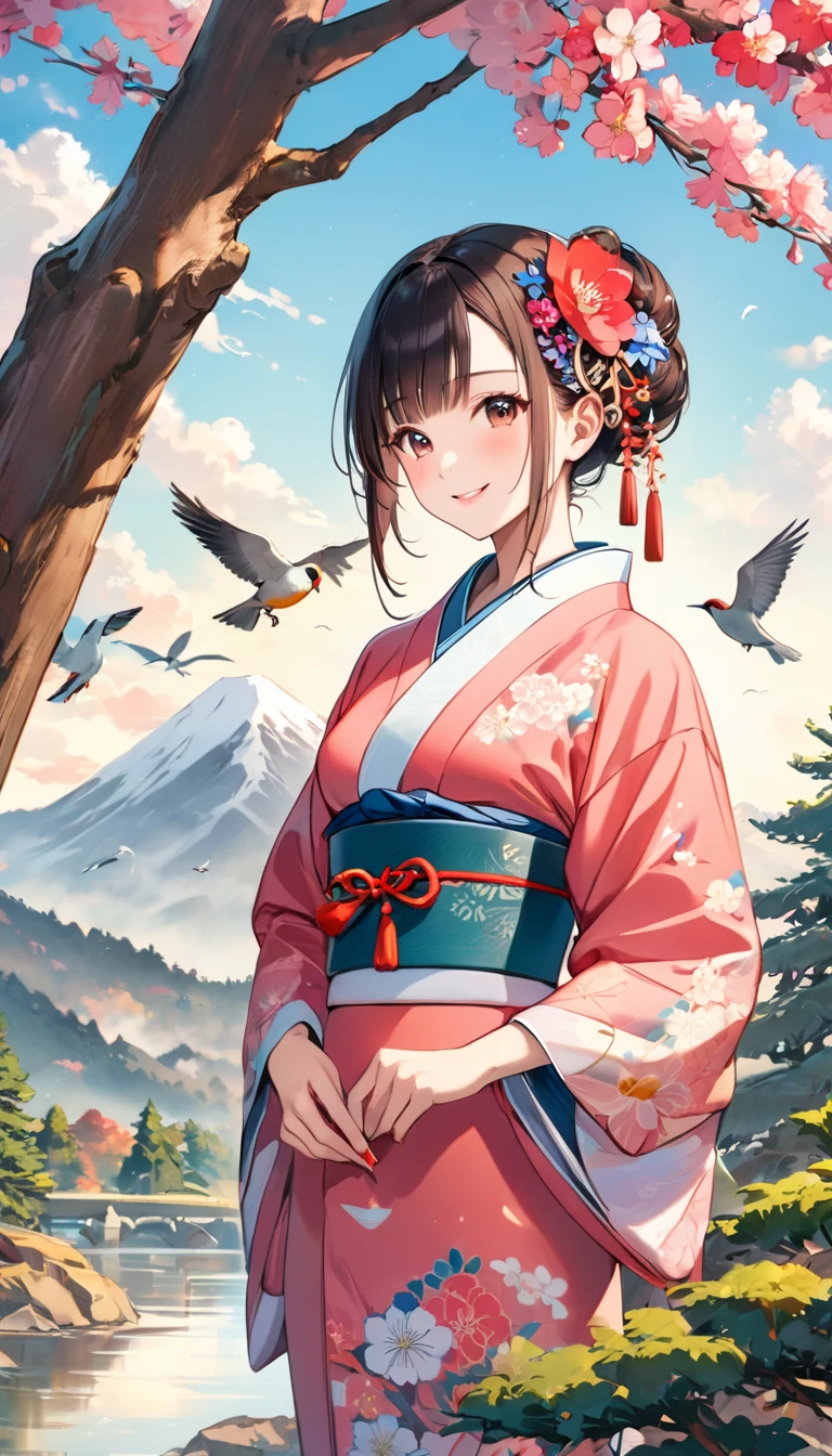 Young beautiful woman in kimono, colorful japanese clothes, Marugaku, hair ornaments, Look at me and smile,  (Big Pine Tree, Mountain, bird,  cloud, Flowers), 手に青いbird, Japanese painting style, Illustration art, art，Colored pencil drawing，Hand-drawn, 