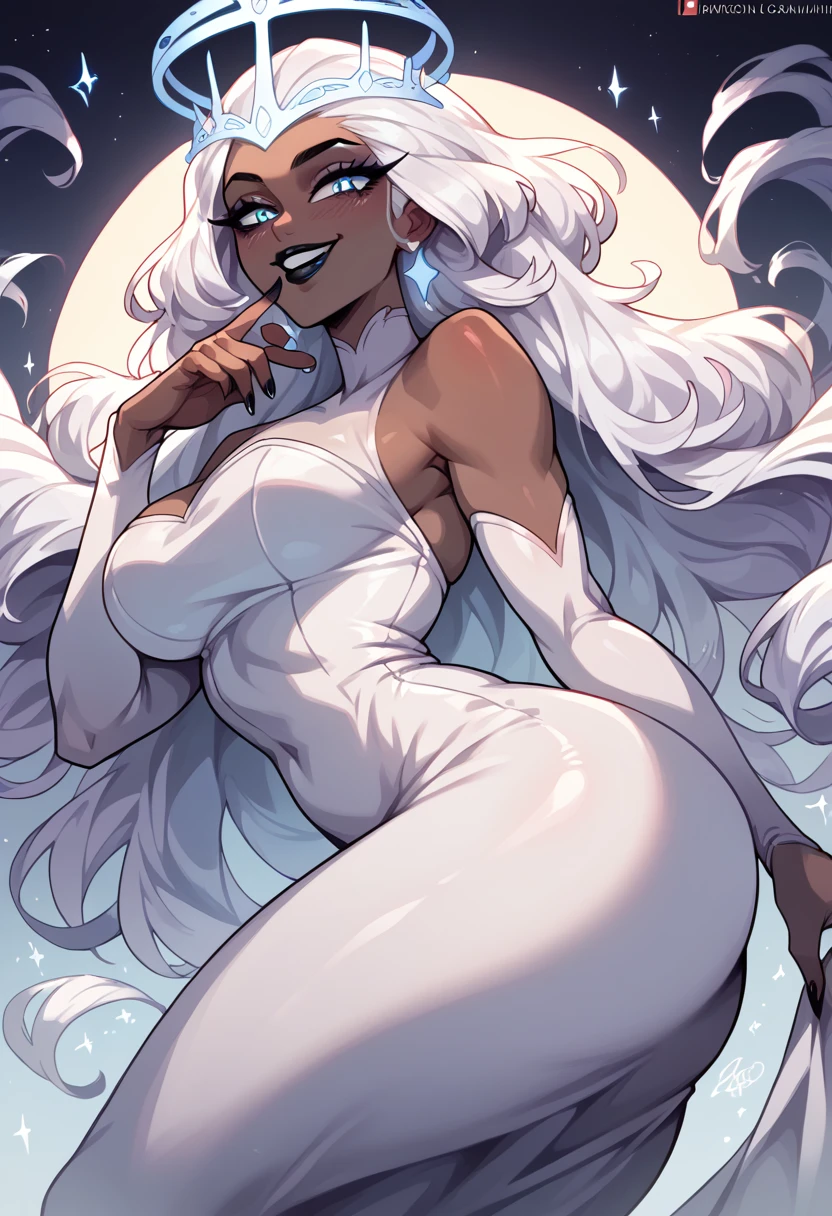 Woman, big butt, dark skin, white hair, white dress, blue eyes, crown shaped halo, black lipstick, provocative smile, provocative, calm eyes