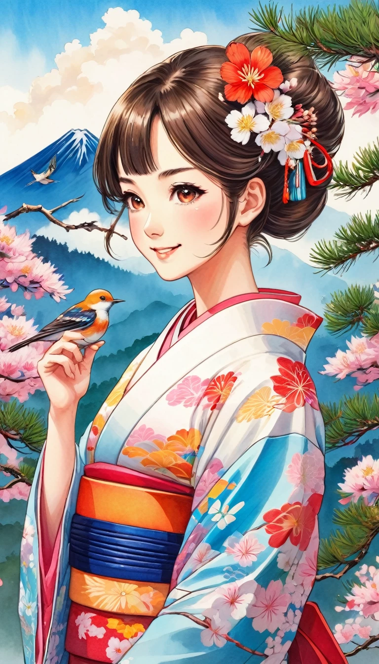 Young beautiful woman in kimono, colorful japanese clothes, Marugaku, hair ornaments, Look at me and smile,  (Big Pine Tree, Mountain, bird,  cloud, Flowers), 手に青いbird, Japanese painting style, Illustration art, art，Colored pencil drawing，Hand-drawn, 