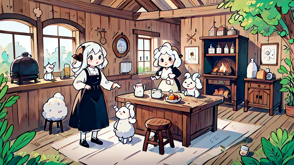 Line Art，Black and White，masterpiece, high quality, Extreme details，(An anthropomorphic lamb)，(An anthropomorphic sheep mother)，kitchen，Dining room，One table and six chairs，((Two semicircular windows))，curtain，Clean environment，Log style，Kitchenware Storage，(Barbecue grill with firewood burning below)，Tableware Storage Cabinet