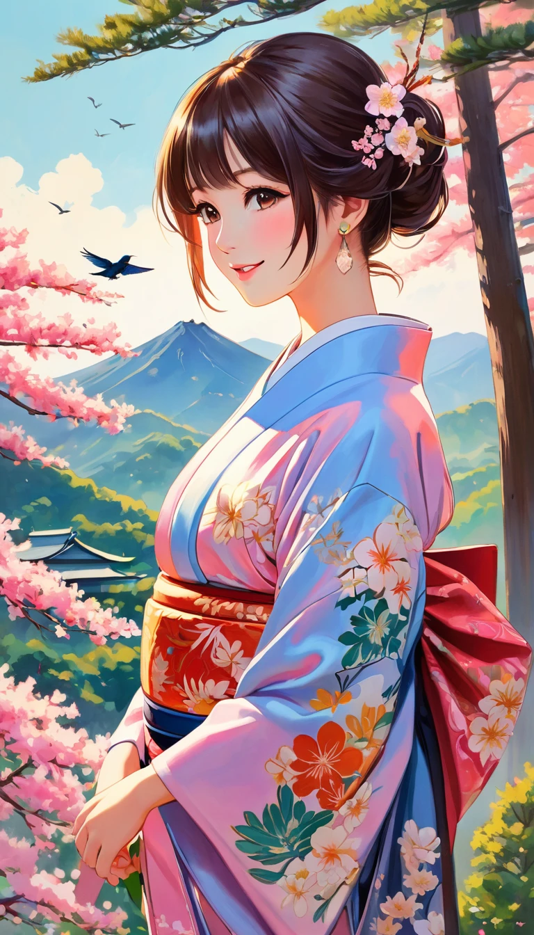 Young beautiful woman in kimono, colorful japanese clothes, Marugaku, hair ornaments, Look at me and smile,  (Big Pine Tree, Mountain, bird,  cloud, Flowers), 手に青いbird, Japanese painting style, Illustration art, art，Colored pencil drawing，Hand-drawn, 