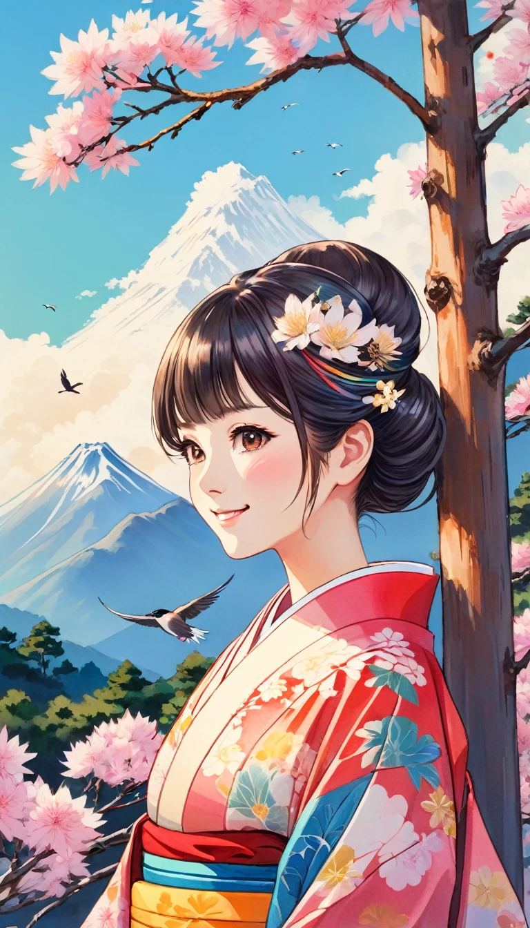 Young beautiful woman in kimono, colorful japanese clothes, Marugaku, hair ornaments, Look at me and smile,  (Big Pine Tree, Mountain, bird,  cloud, Flowers), 手に青いbird, Japanese painting style, Illustration art, art，Colored pencil drawing，Hand-drawn, 