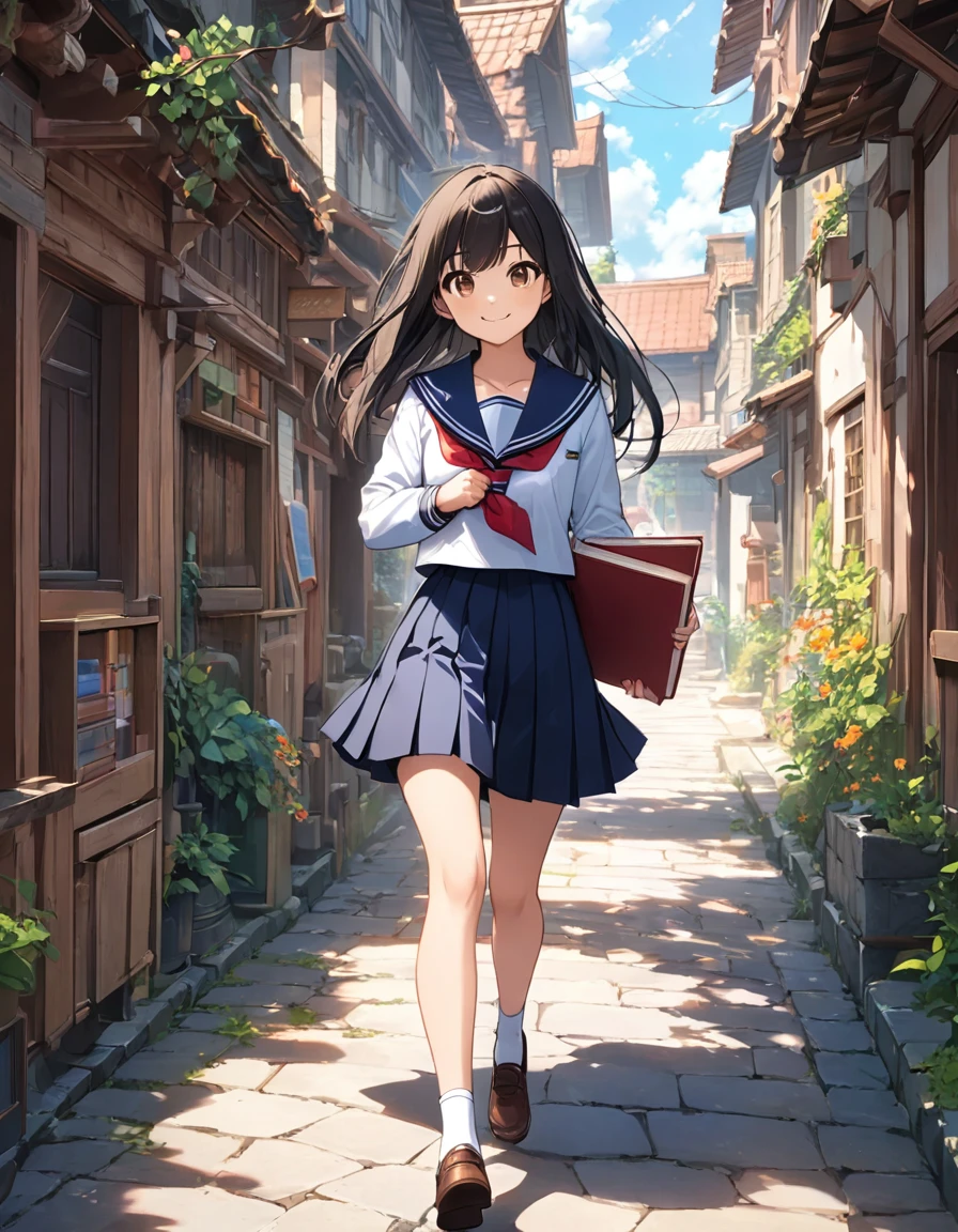 4k, bestquality, detailed, detailed scenery, detailed eyes, 1Girl, cute, adorable, straight hair, long hair, black hair, brown eyes, cleavage, smiling, looking at the camera, standing, sailor collared school uniform, holding book, carrying under arm, (walking action:1.3), motion, beautiful walking form,