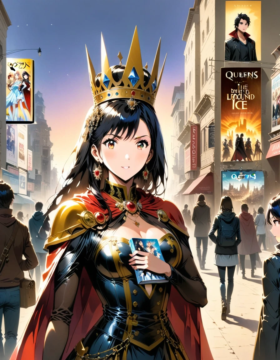 Movie album, reyes, queens, anime, corona, the world in the background, manga, a woman in the background with cape and ice 