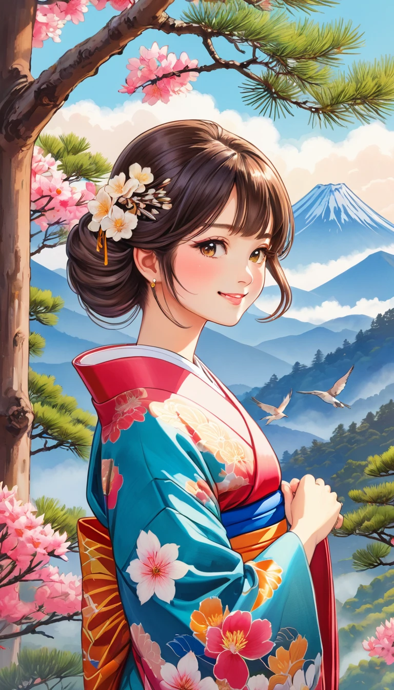 Young beautiful woman in kimono, colorful japanese clothes, Marugaku, hair ornaments, Look at me and smile,  (Big Pine Tree, Mountain, bird,  cloud, Flowers), 手に青いbird, Japanese painting style, Illustration art, art，Colored pencil drawing，Hand-drawn, 