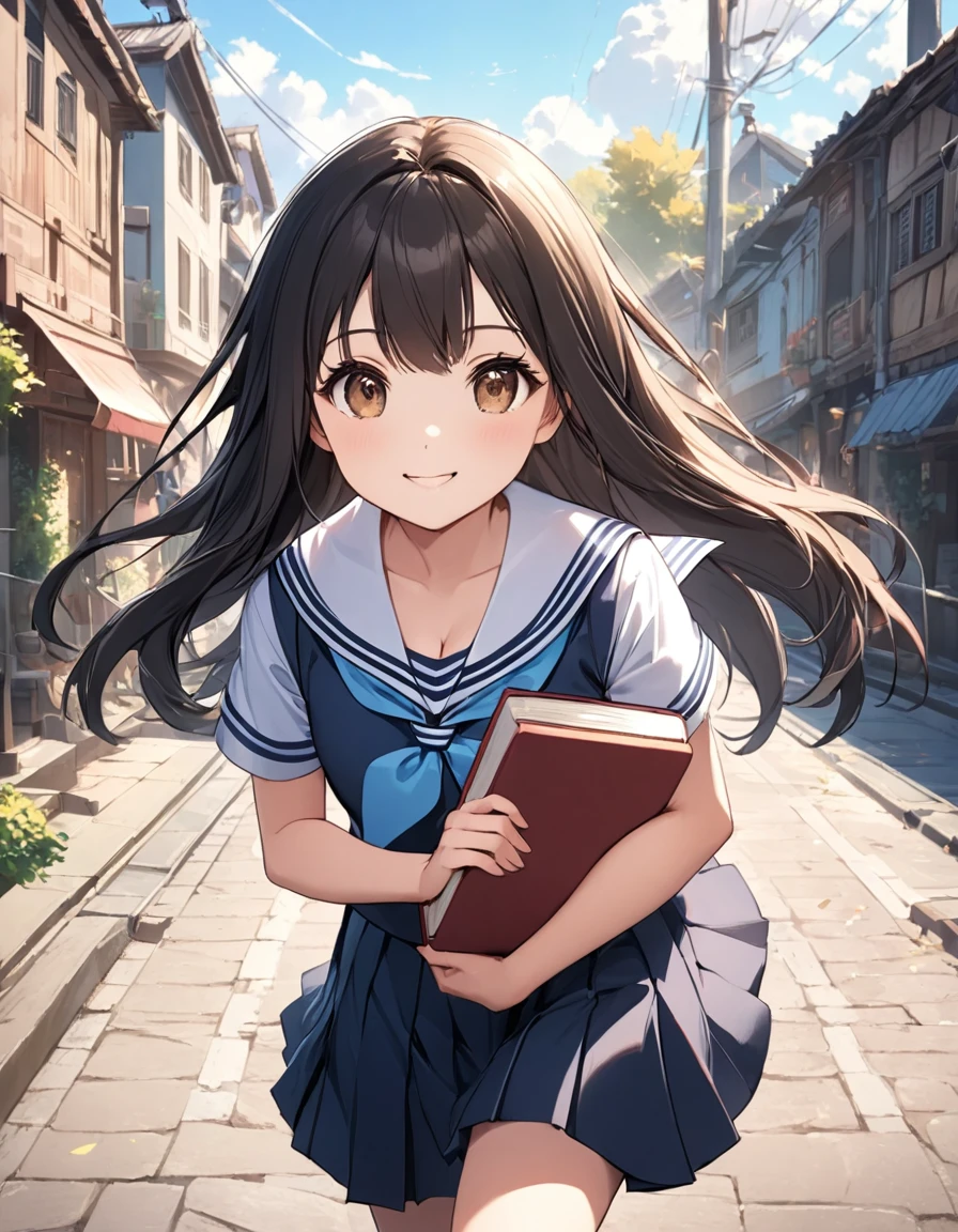 4k, bestquality, detailed, detailed scenery, detailed eyes, 1Girl, cute, adorable, straight hair, long hair, black hair, brown eyes, cleavage, smiling, looking at the camera, standing, sailor collared school uniform, holding book, carrying under arm, (walking action:1.3), motion, beautiful walking form,