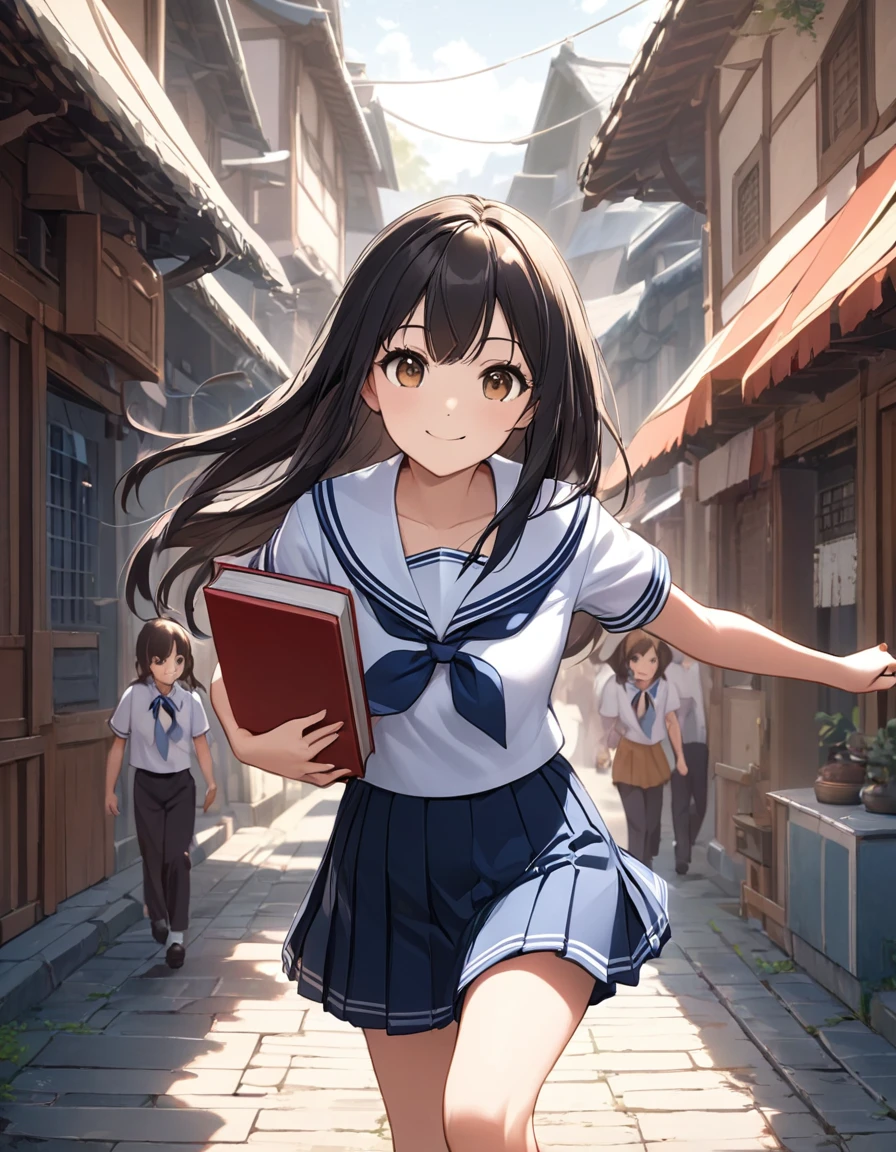 4k, bestquality, detailed, detailed scenery, detailed eyes, 1Girl, cute, adorable, straight hair, long hair, black hair, brown eyes, cleavage, smiling, looking at the camera, standing, sailor collared school uniform, holding book, carrying under arm, (walking action:1.3), motion, beautiful walking form,