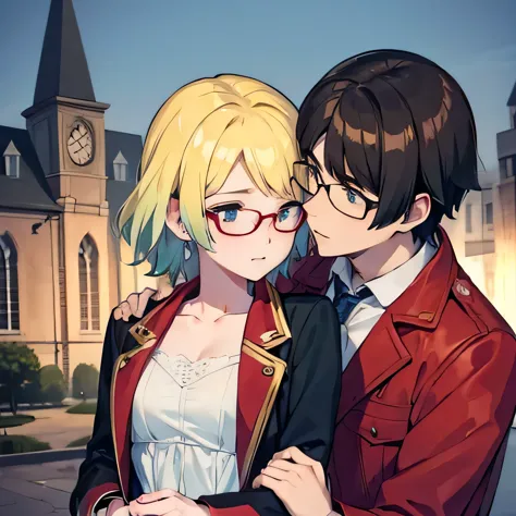 1 boy with black hair, red jacket and glasses romantically kissing a girl with blonde hair with green tipsand blue eyes, white d...