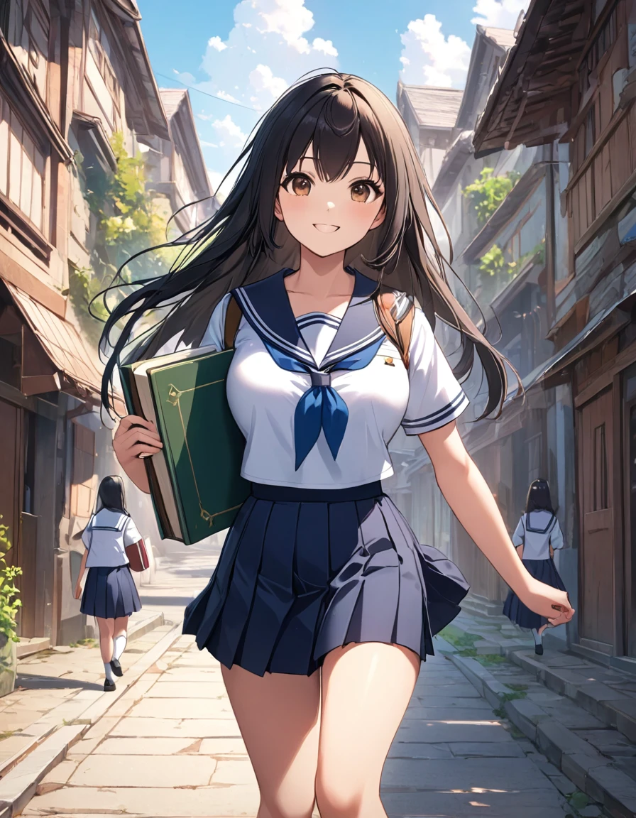 4k, bestquality, detailed, detailed scenery, detailed eyes, 1Girl, cute, adorable, straight hair, long hair, black hair, brown eyes, full breasts, cleavage, smiling, looking at the camera, standing, sailor collared school uniform, holding book, carrying under arm, (walking action:1.3), motion, beautiful walking form,