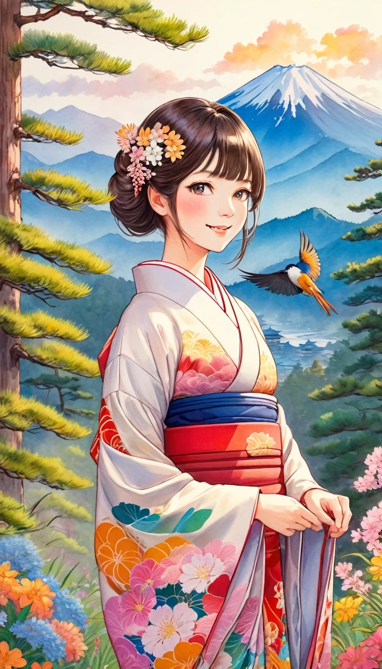 Young beautiful woman in kimono, colorful japanese clothes, Marugaku, hair ornaments, Look at me and smile,  (Big Pine Tree, Mountain, bird,  cloud, Wildflowers are in full bloom), 手に青いbird, Japanese painting style, Illustration art, art，Colored pencil drawing，Hand-drawn, 