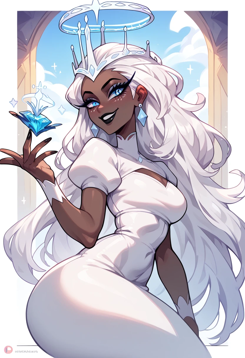 Woman, big butt, dark skin, white hair, white dress, blue eyes, crown shaped halo, black lipstick, provocative smile, provocative, calm eyes