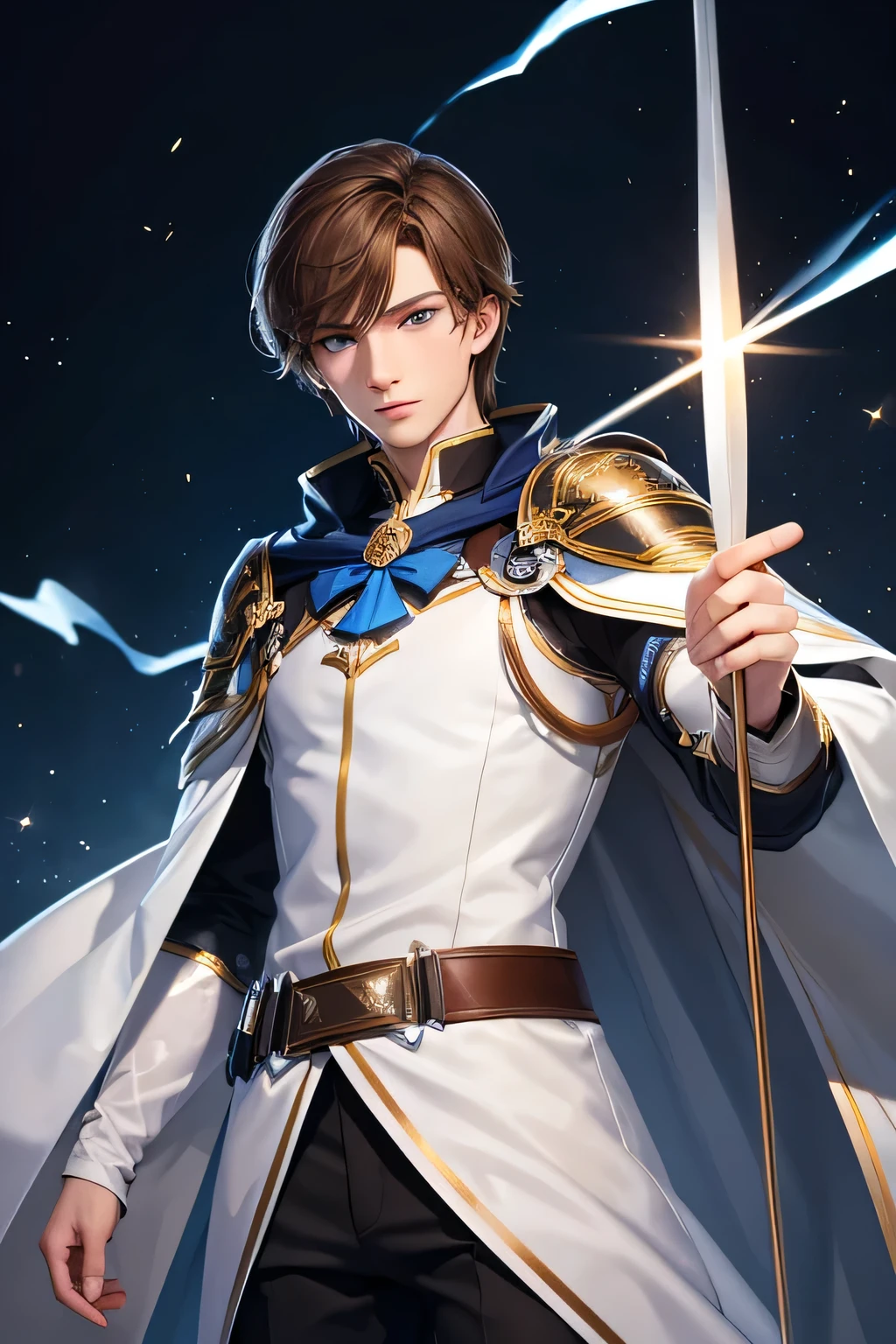 A slender, delicate-looking young man with brown hair and blue eyes, dressed in a knight academy uniform, holding a bow and glowing with holy magic."man