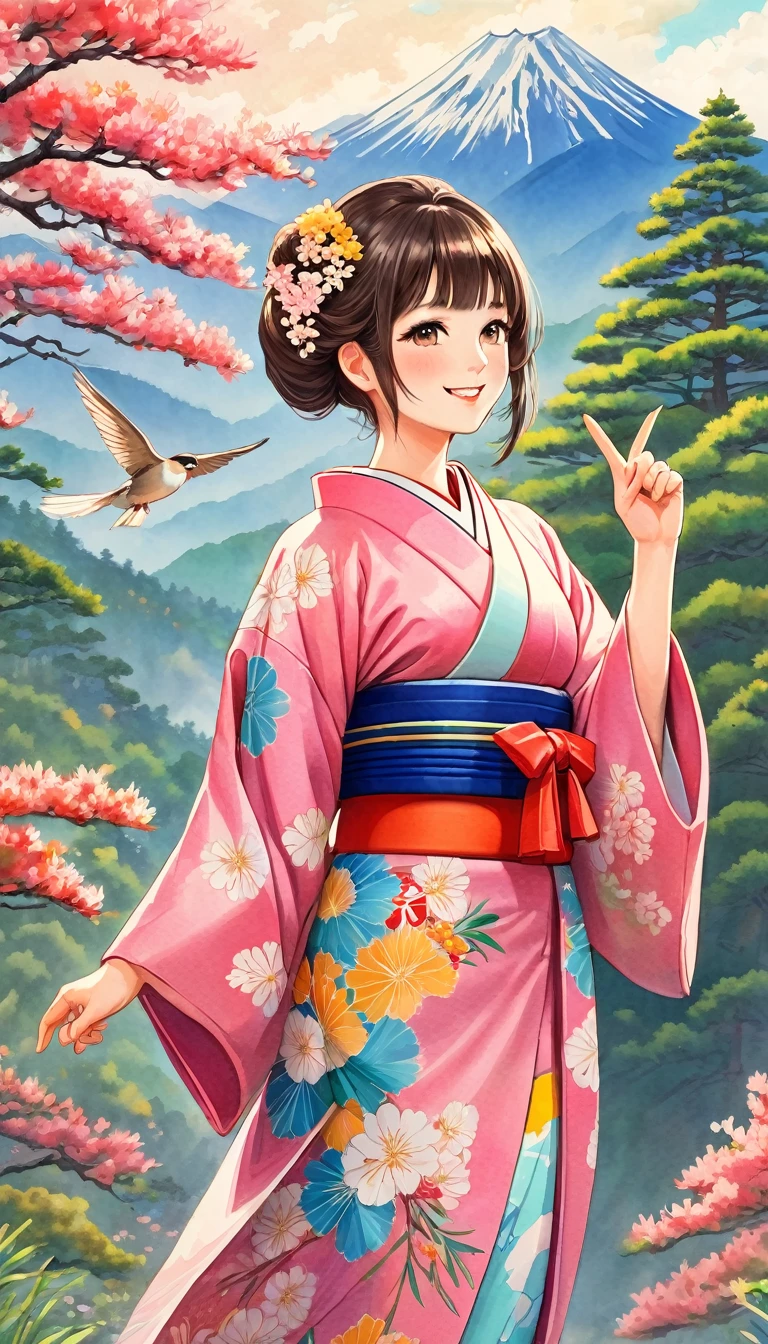 Young beautiful woman in kimono, colorful japanese clothes, Marugaku, hair ornaments, Look at me and smile, Raise your hand and point,  (Big Pine Tree, Mountain, bird,  cloud, Wildflowers are in full bloom), 手に青いbird, Japanese painting style, Illustration art, art，Colored pencil drawing，Hand-drawn, 