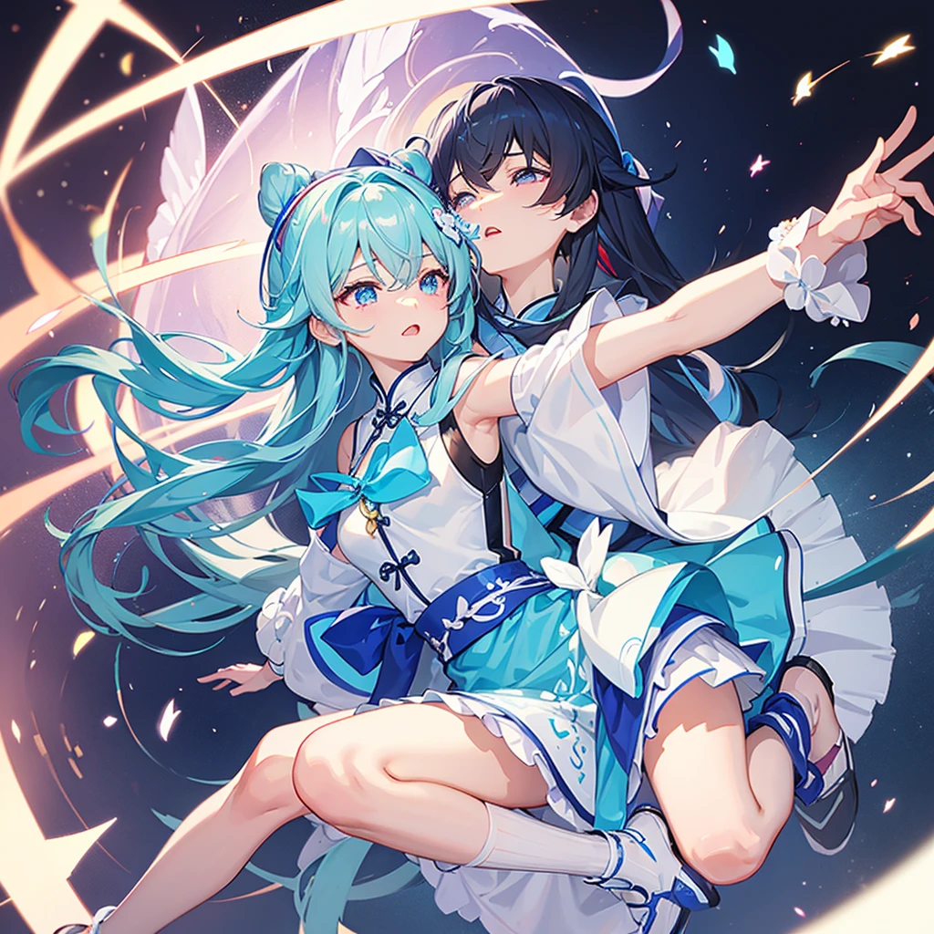 Luo Tianyi&#39;s eyes are green, her gray-blue hair is tied into a knotted tie, and her skirt is Tianyi&#39;s blue. She is wearing a V4 official suit.