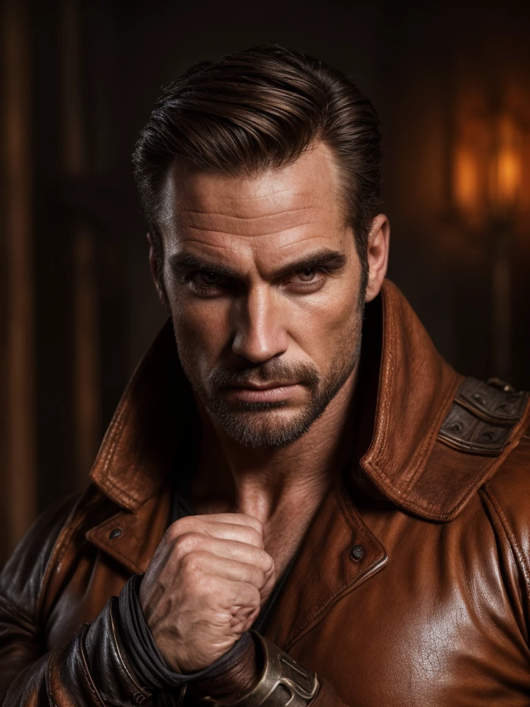 hair, portrait of a ruggedly handsome assassin, muscular, half body, masculine, mature, Retrato de un joven, Muscular very handsome and attractive spanis men, A 40 years old male, Retrato de un joven, real, ( Man in the history ), business white shirt, beautiful detailed eyes, extremely detailed eyes and face, leather outfit, assassin gear, assassin pose, assassin action, dark and moody atmosphere, dramatic lighting, cinematic, dark fantasy, highly detailed, intricate, digital art, concept art, hyper realistic, 8k, ultra-detailed, masterpiece, photorealistic, professional, dramatic colors, chiaroscuro lighting