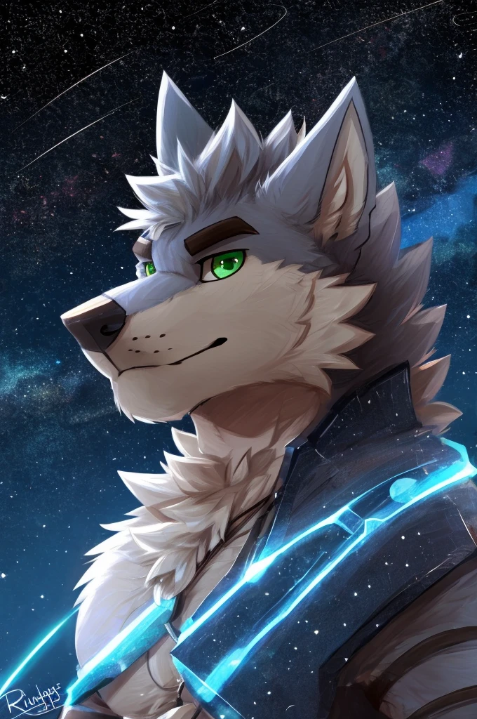 (great quality), lobo, alone, detailed face, detailed body, 5 fingers, Detailed hands, green eyes, detailed eyes, short hair, 2 arms, whole body, ((creative pose to draw it)), to the screen, ((starry background)), ((Whole body)), ((posing in profile)), por pache riggs