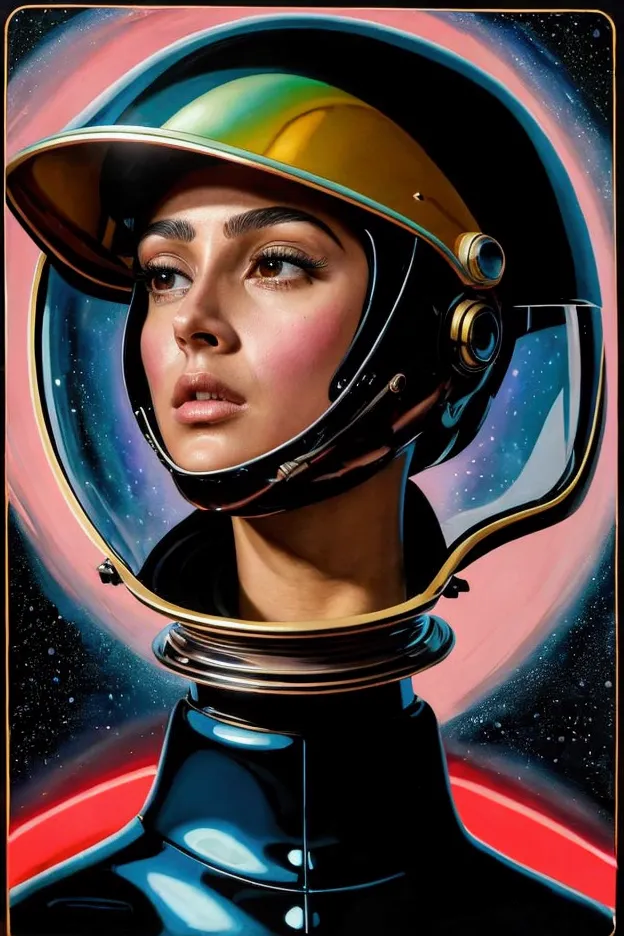 there is a painting of a woman with a helmet on., esteban hickman, synthetic wave artistic style ]!!, cinemascope panorama, we p...