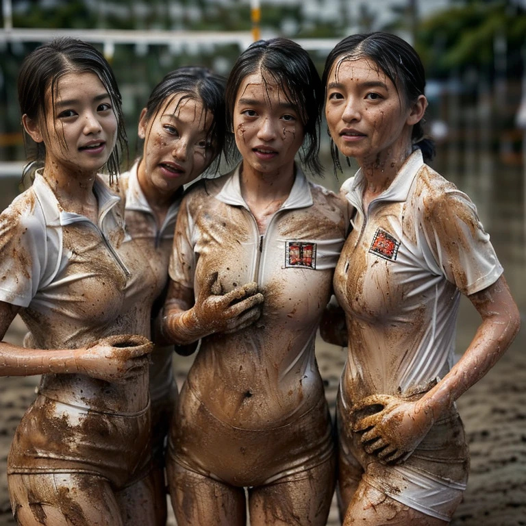 (Plain white very tight short sleeved dirt stained volleyball uniform with white half zip:1.7)、(A large, dirt-stained, white, square collar: 1.7)、(Red clay ground:1.5)、My hair is wet and messy、(A cute Japanese woman covered in dirt and mud from head to toe:1.9)、Highest quality, masterpiece, Ultra-high resolution, Photorealistic, Raw Photos,Detailed face, (Fastener open: 1.7), (Everyone wears the same clothes:1.0), All members are super beauties, (A group photo of three pretty, exhausted, dirt-covered Japanese women huddled together: 1.7), (Hair tied up: 1.4), (Gentle expression: 1.8), Bright photo, (My whole body is soaked with sweat: 1.7), (All muscular: 2.4), (Concentrated heavy rain: 2.2)
