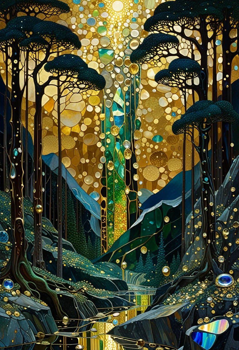 liquid chrome, liquid gold wet on wet, ultra highly detailed, cinematic, Mountain forest, Broken Glass effect, energy, molecular, textures, iridescent and luminescent scales, breathtaking beauty, pure perfection, divine, John Gilbert, by Gustav Klimt, by Bill Watterson