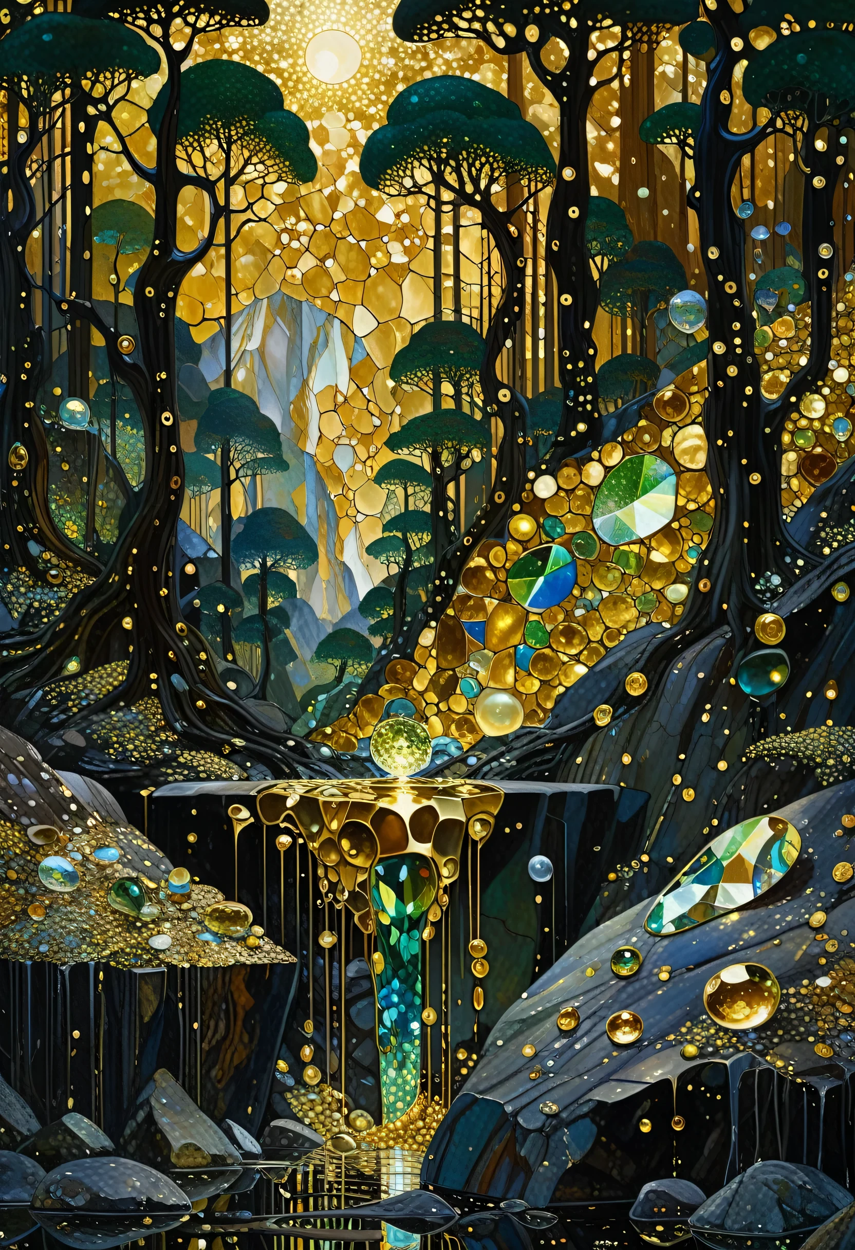 liquid chrome, liquid gold wet on wet, ultra highly detailed, cinematic, Mountain forest, Broken Glass effect, energy, molecular, textures, iridescent and luminescent scales, breathtaking beauty, pure perfection, divine, John Gilbert, by Gustav Klimt, by Bill Watterson